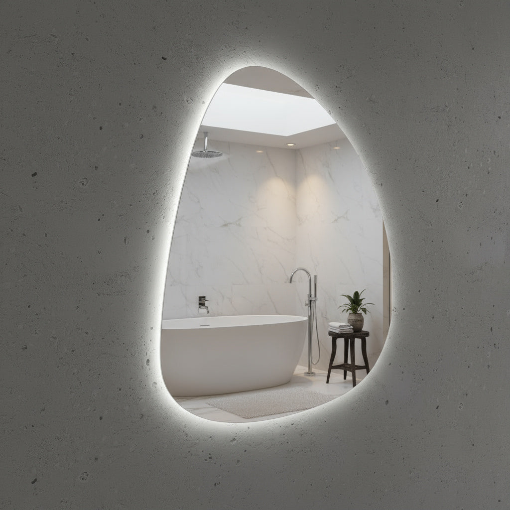 Modern Asimetrik LED Ayna – Organik Şekilli Dekoratif Banyo Aynası, Arka Işıklı Tasarım