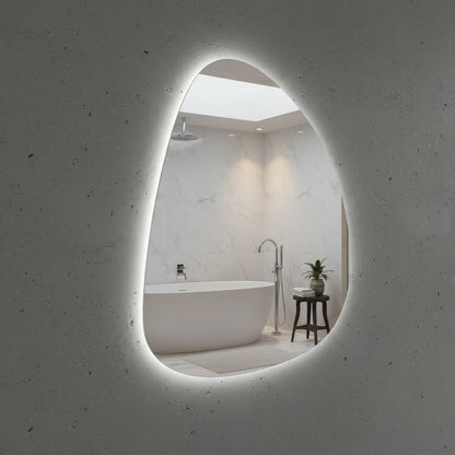 Modern Asimetrik LED Ayna – Organik Şekilli Dekoratif Banyo Aynası, Arka Işıklı Tasarım