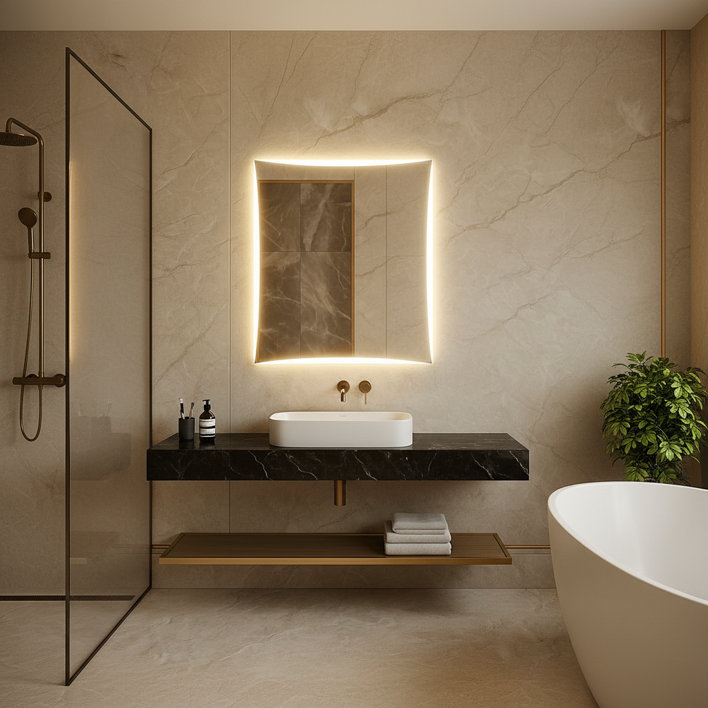 Lüks Kavisli LED Ayna – Modern Işıklı Duvar Aynası | Sıcak Işıklı Dekoratif Tasarım