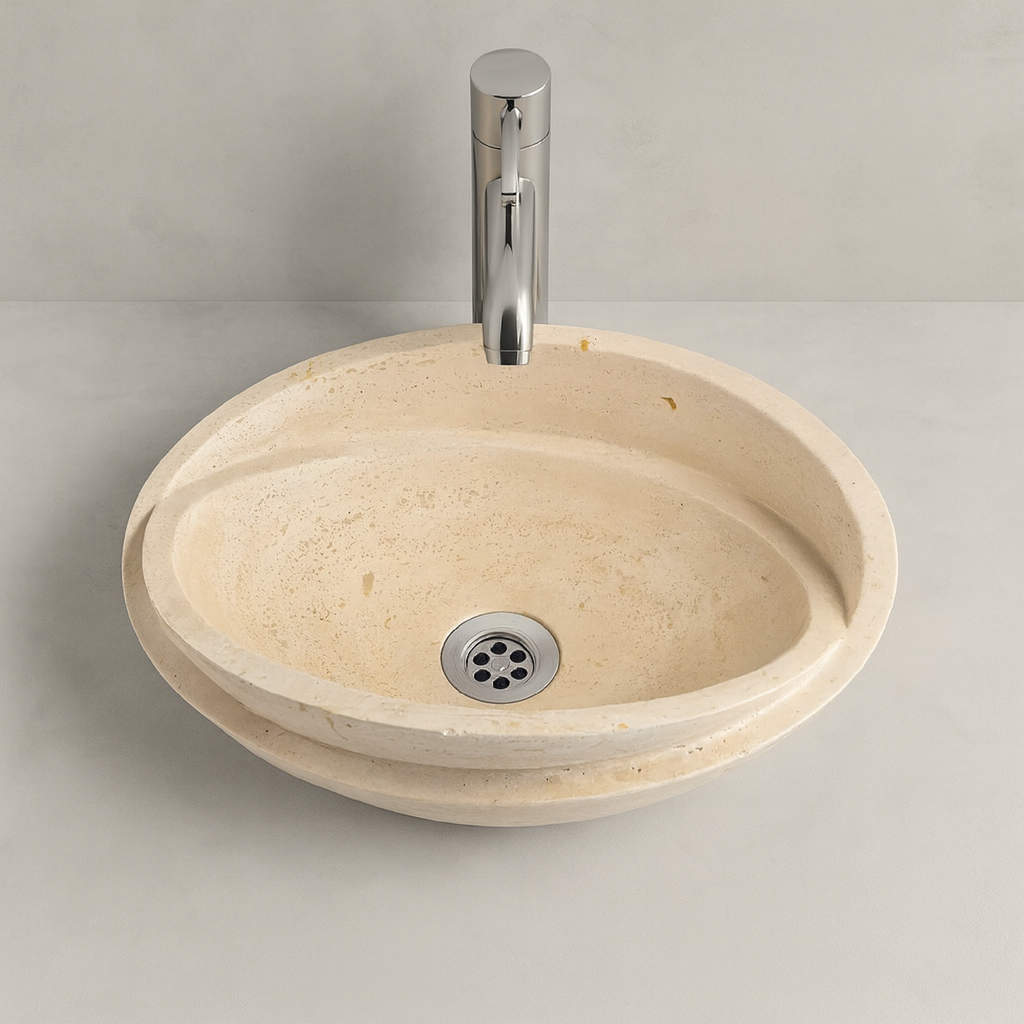 Beige Travertine Marble Lavabo – Doğal Bej Traverten Mermer Tezgâh Üstü Banyo Lavabosu (L 40 × W 40 × H 14 cm)