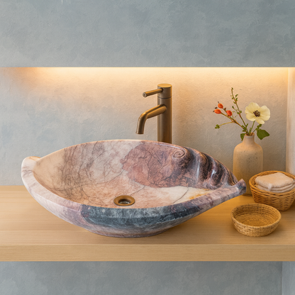 Rosso Levanto Marble Lavabo – Doğal Rosso Levanto Mermer Tezgâh Üstü Banyo Lavabosu (L 65 × W 40 × H 14 cm)