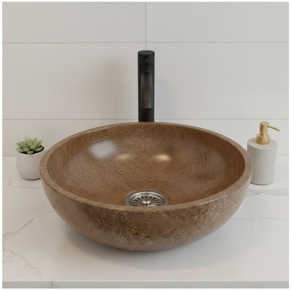 Noce Brown Traverten Doğal Taş Lavabo – El Yapımı Rustic Yuvarlak Mermer Banyo Lavabosu