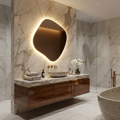 Modern Asimetrik LED Ayna – Organik Şekilli Işıklı Duvar Aynası, Banyo & Makyaj Aynası, Dekoratif LED Aydınlatmalı Ayna