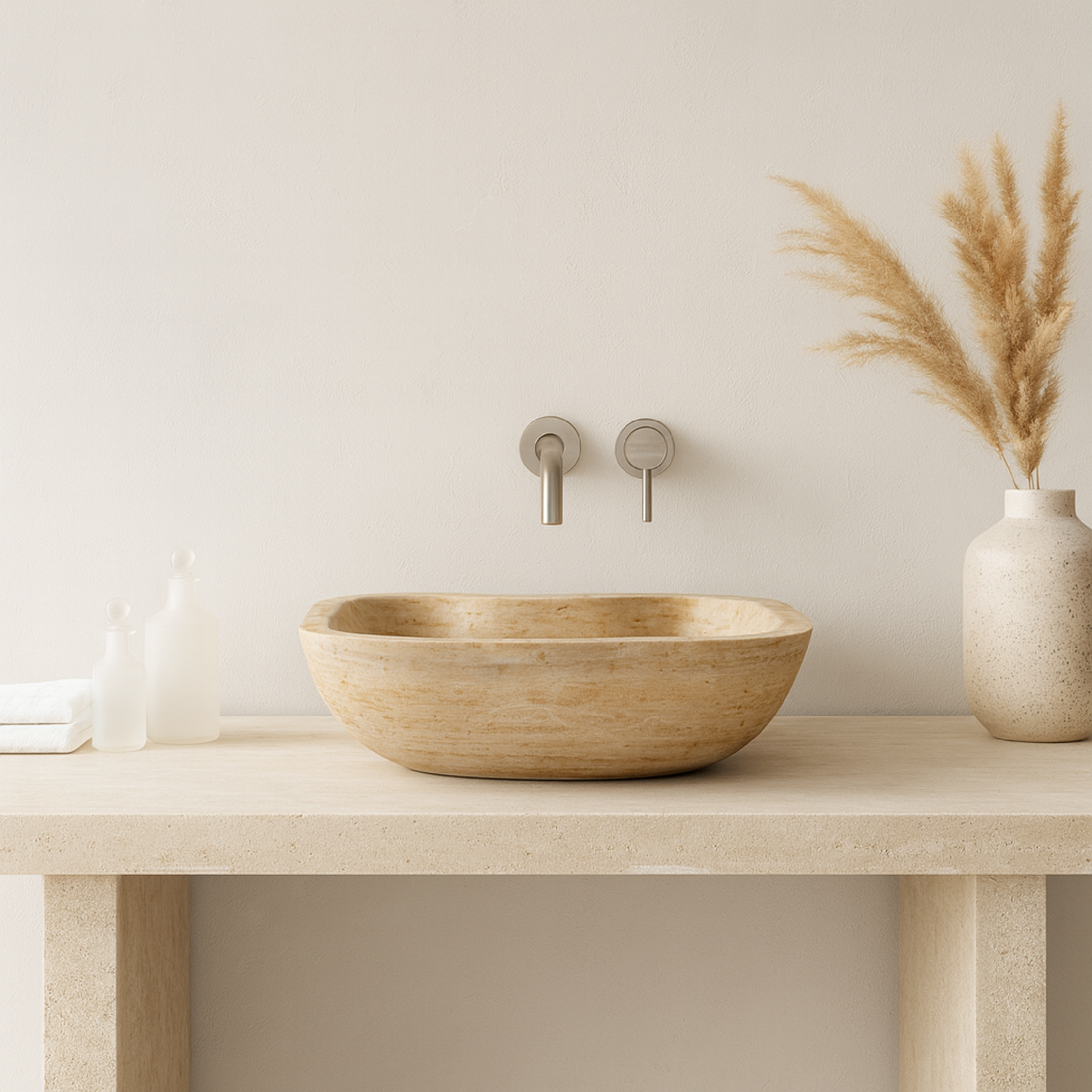 Doğal Traverten Mermer Lavabo – El Oyması Kare Form Banyo Tezgâh Üstü Lavabo (45×45×15 cm)