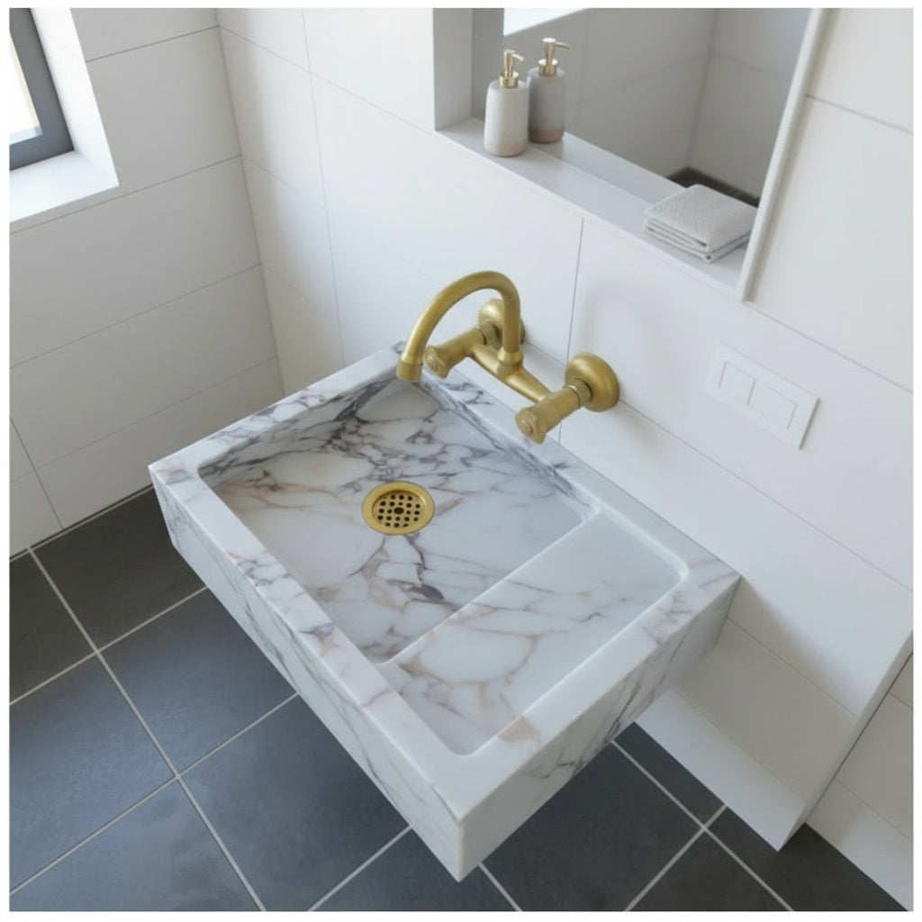 Calacatta Viola Mermer Duvara Monte Lavabo – Özel Üretim Lüks Banyo Lavabosu (36×46×13 cm)