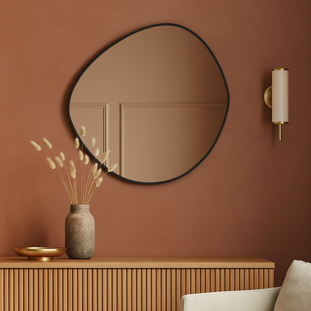Modern Organik Form Banyo Aynası – Çerçeveli Asimetrik Ayna, Tasarım Duvar Aynası, Mermer Banyo İçin Şık Dekoratif Ayna