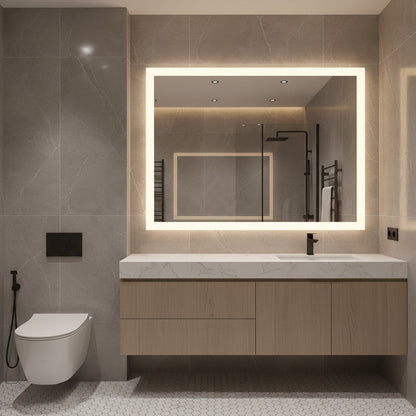 Modern Kare LED Aydınlatmalı Banyo Aynası – Sıcak Işıklı Arka Aydınlatmalı Tasarım