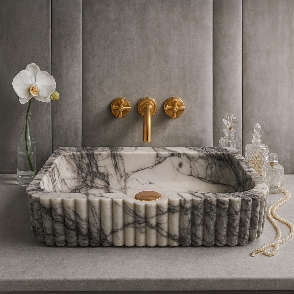 New York Mermer Duvara Monte Banyo Lavabosu – Dikdörtgen Fluted Tasarım | L61 × W36 × H15 cm