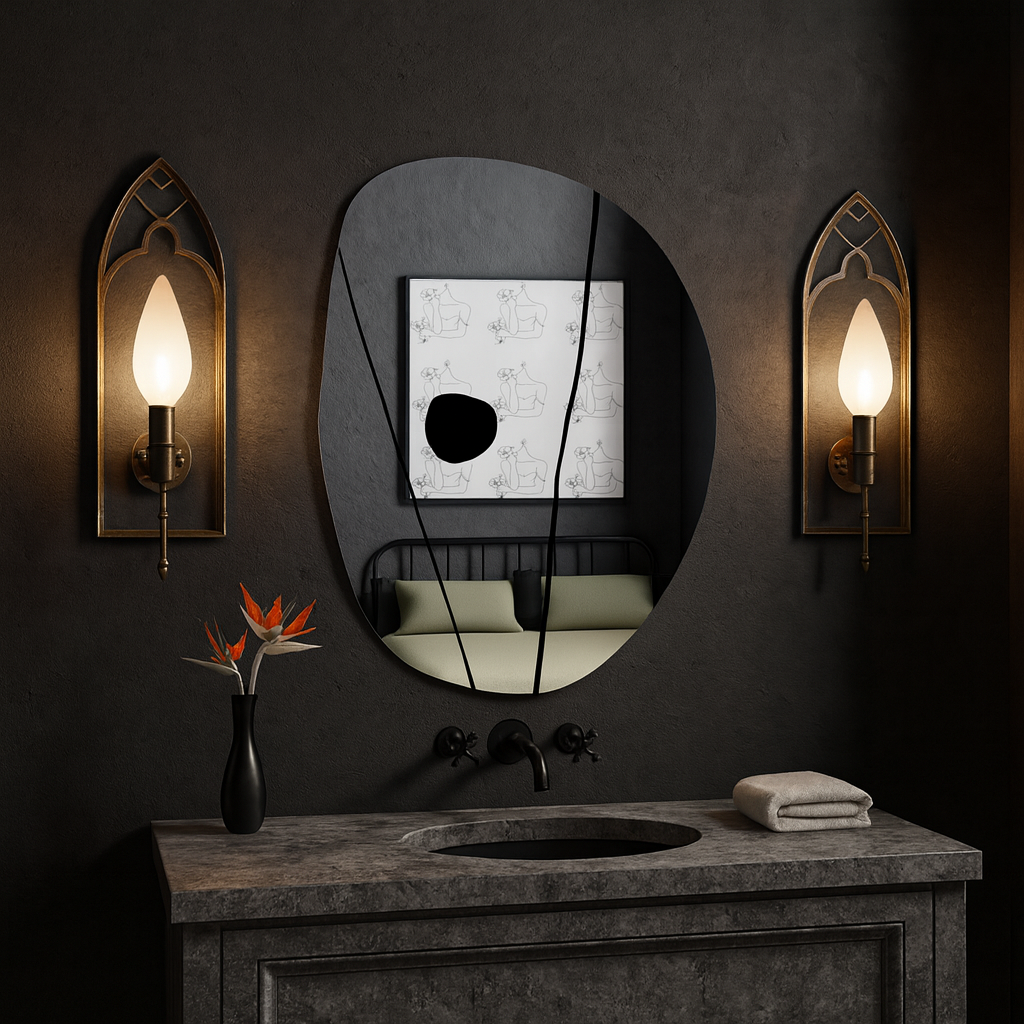 Modern Organik Form Dekoratif Duvar Aynası – Tasarım Asimetrik Banyo Aynası, Şık Minimalist Ayna Modeli