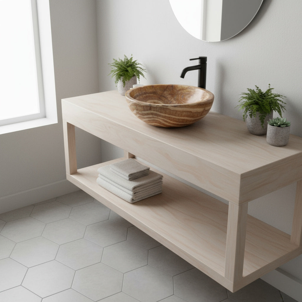 Turuncu Oniks Mermer Lavabo – El Oyması Doğal Taş Banyo Lavabosu, Yuvarlak Oniks Tezgâh Üstü Lavabo