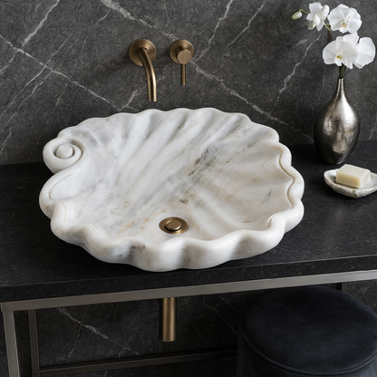 Beyaz Mermer Lavabo – Doğal Beyaz Mermer Tezgâh Üstü Banyo Lavabosu (L 45 × W 45 × H 15 cm)