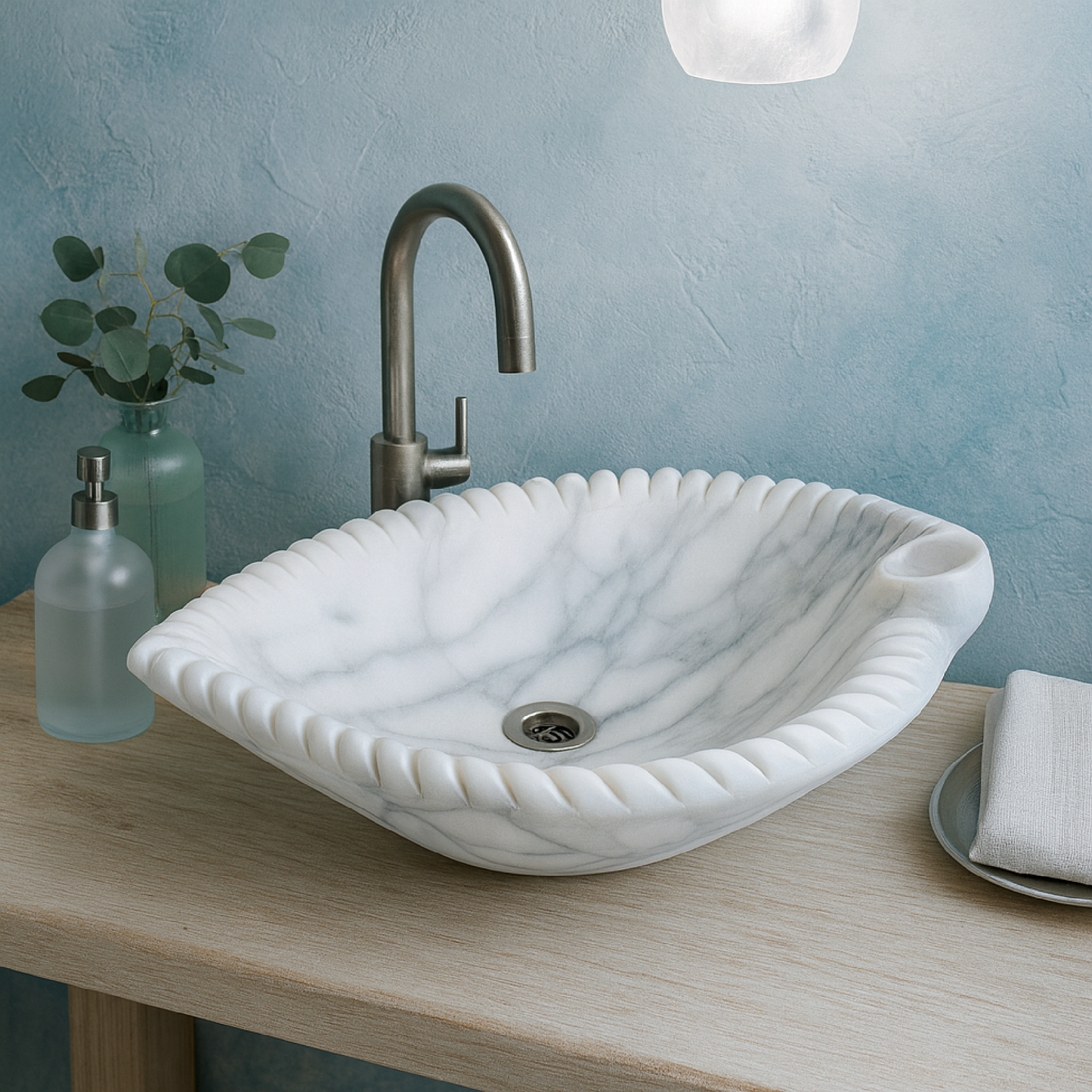 White Marble Lavabo – Doğal White Marble Tezgâh Üstü Banyo Lavabosu (L 45 × W 55 × H 14 cm)
