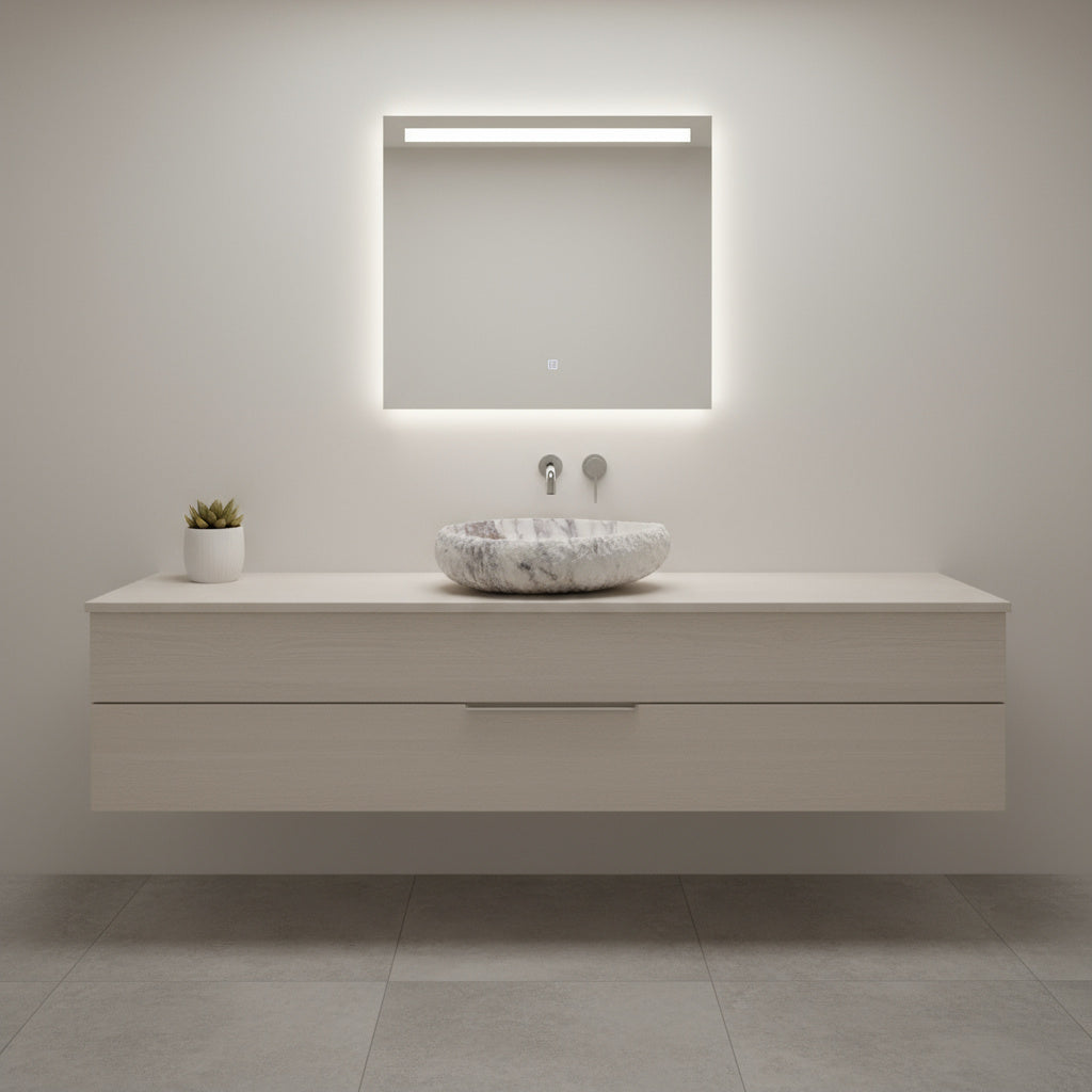 Doğal Mermer Lavabo – Krem & Pembe Damar Desenli Tezgâh Üstü Doğaltaş Banyo Lavabosu (L 55 × W 40 × H 14 cm)