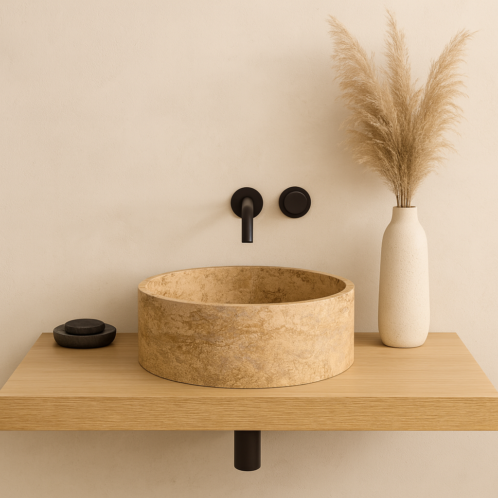 Traverten Marble Lavabo – Doğal Traverten Taş Tezgâh Üstü Banyo Lavabosu (L 43 × W 43 × H 15 cm)
