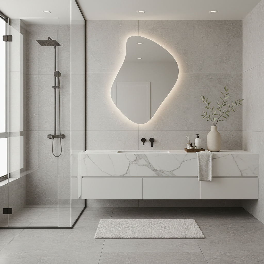 Modern Asimetrik LED Ayna – Organik Şekilli Dekoratif Duvar Ayna Modeli | Banyo, Yatak Odası, Antre İçin Tasarım Ayna