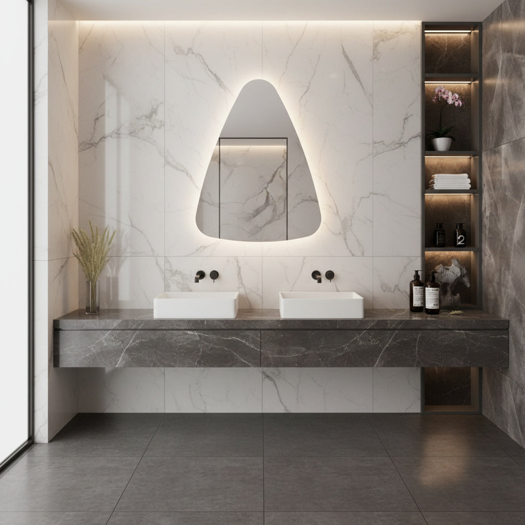 Modern Asimetrik LED Ayna – Mermer Banyo İçin Dekoratif Tasarım Duvar Aynası | Sıcak/Soğuk Işıklı Lüks Aydınlatmalı Ayna