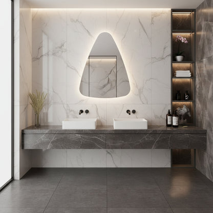Modern Asimetrik LED Ayna – Mermer Banyo İçin Dekoratif Tasarım Duvar Aynası | Sıcak/Soğuk Işıklı Lüks Aydınlatmalı Ayna