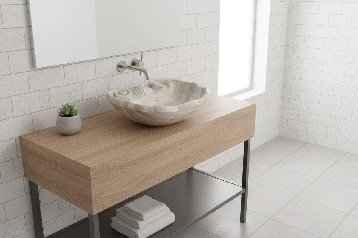 Lüks Doğal Taş Mermer Lavabo – Özel Tasarım Deniz Kabuğu Modeli