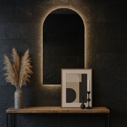 Modern LED Işıklı Kemer Banyo Aynası – Arkadan Aydınlatmalı Arch Ayna, Minimalist ve Şık Banyo Dekoru
