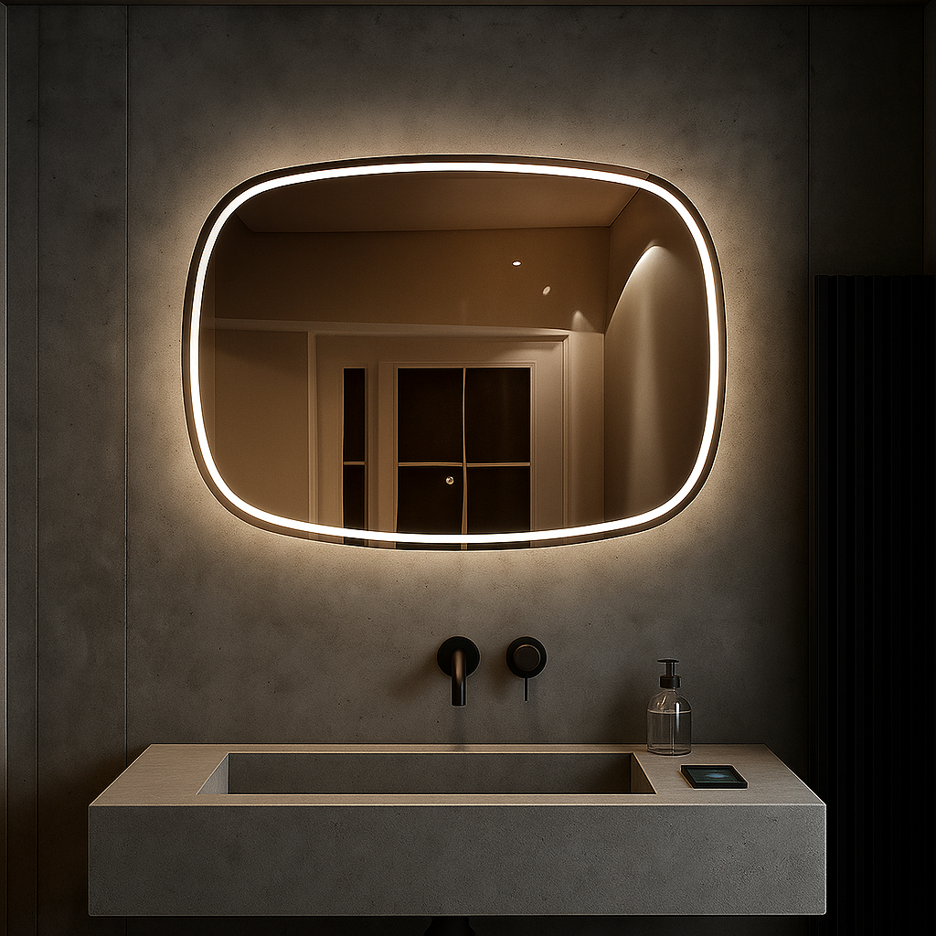 Modern LED Aydınlatmalı Organik Duvar Aynası – Asimetrik Tasarım Banyo ve Salon Dekor Aynası