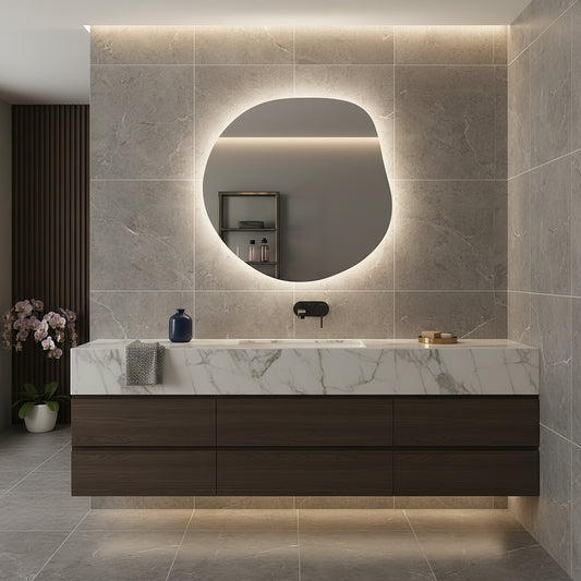 Modern LED Aydınlatmalı Asimetrik Ayna – Organik Form Dekoratif Duvar ve Banyo Aynası