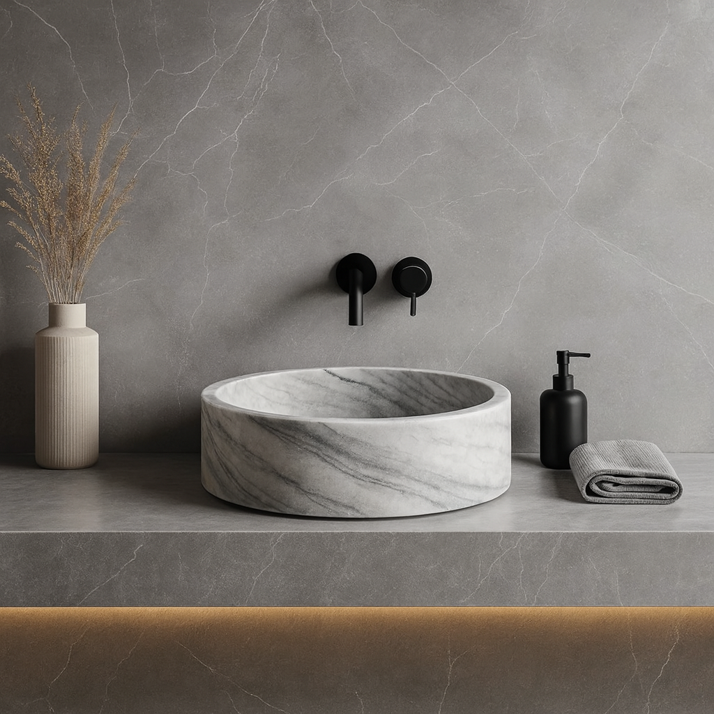 Grey Marmara Mermeri Yuvarlak Lavabo – El İşçiliği Doğal Taş Banyo Lavabosu (42×42×15 cm)
