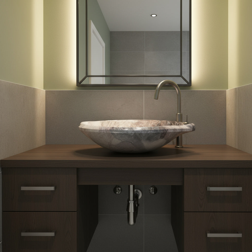Rosso Levanto Marble Lavabo – Doğal Rosso Levanto Mermer Tezgâh Üstü Banyo Lavabosu (L 65 × W 40 × H 14 cm)