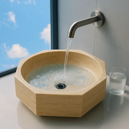 Calacatta Viola Mermer Sekizgen Lavabo – El Yapımı Banyo Lavabosu | 41×41×13 cm