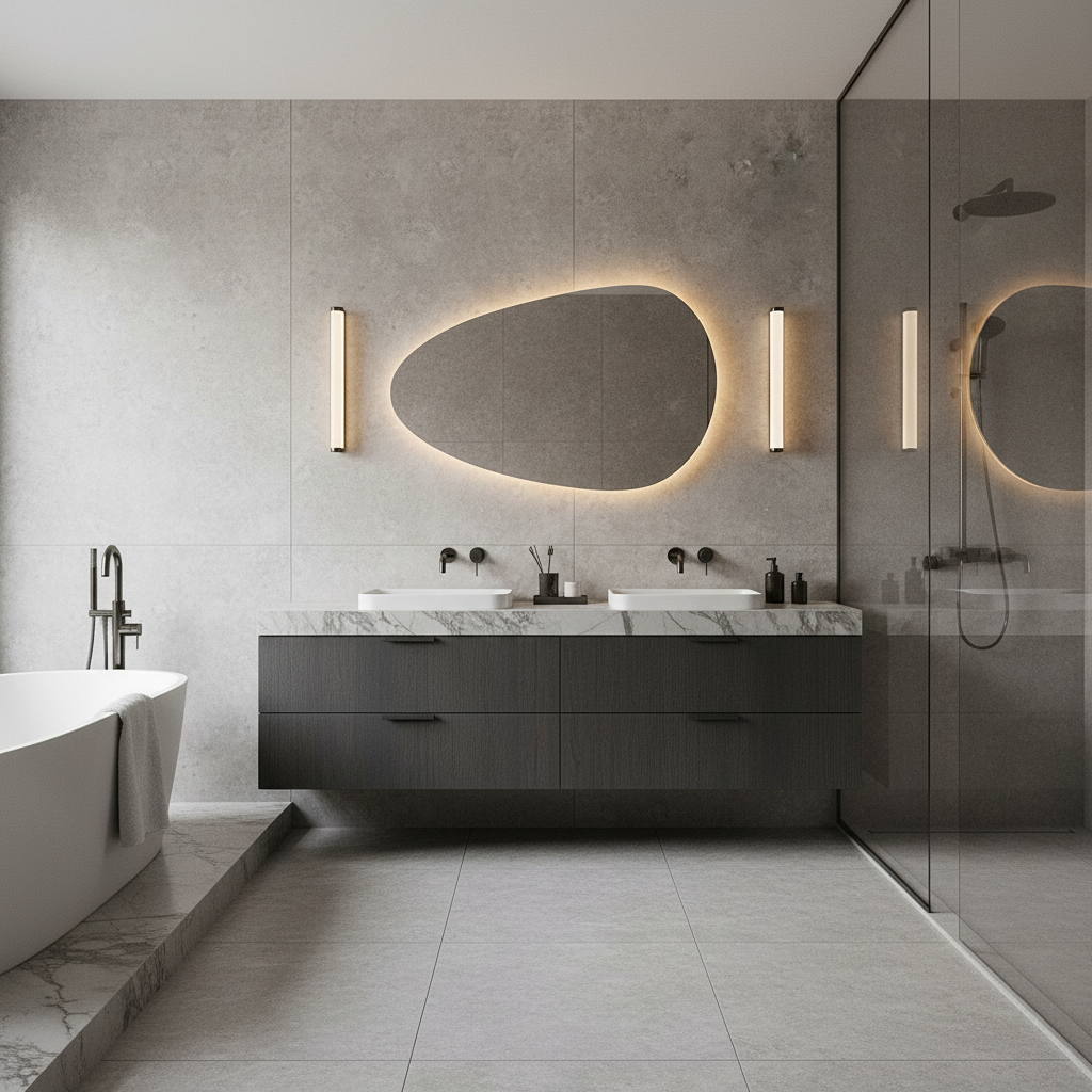 Organik Şekilli LED Banyo Aynası – Modern Arkadan Aydınlatmalı Işıklı Ayna, Minimalist Tasarım