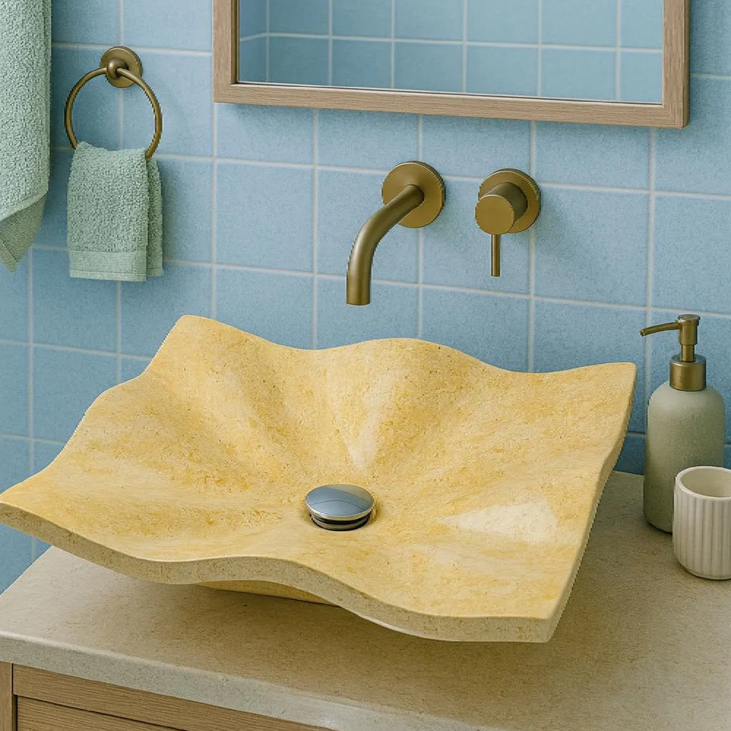 Limra Mermeri Doğaltaş Lavabo – El Oyması Dalga Formlu Mermer Banyo Lavabosu (60×45×13 cm)