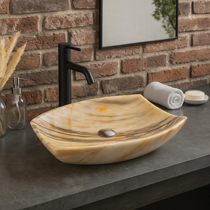 Rainforest Mermeri Oval El Yapımı Lavabo – Doğal Taş Banyo Tezgâh Üstü Mermer Lavabo | 55 × 40 × 13 cm