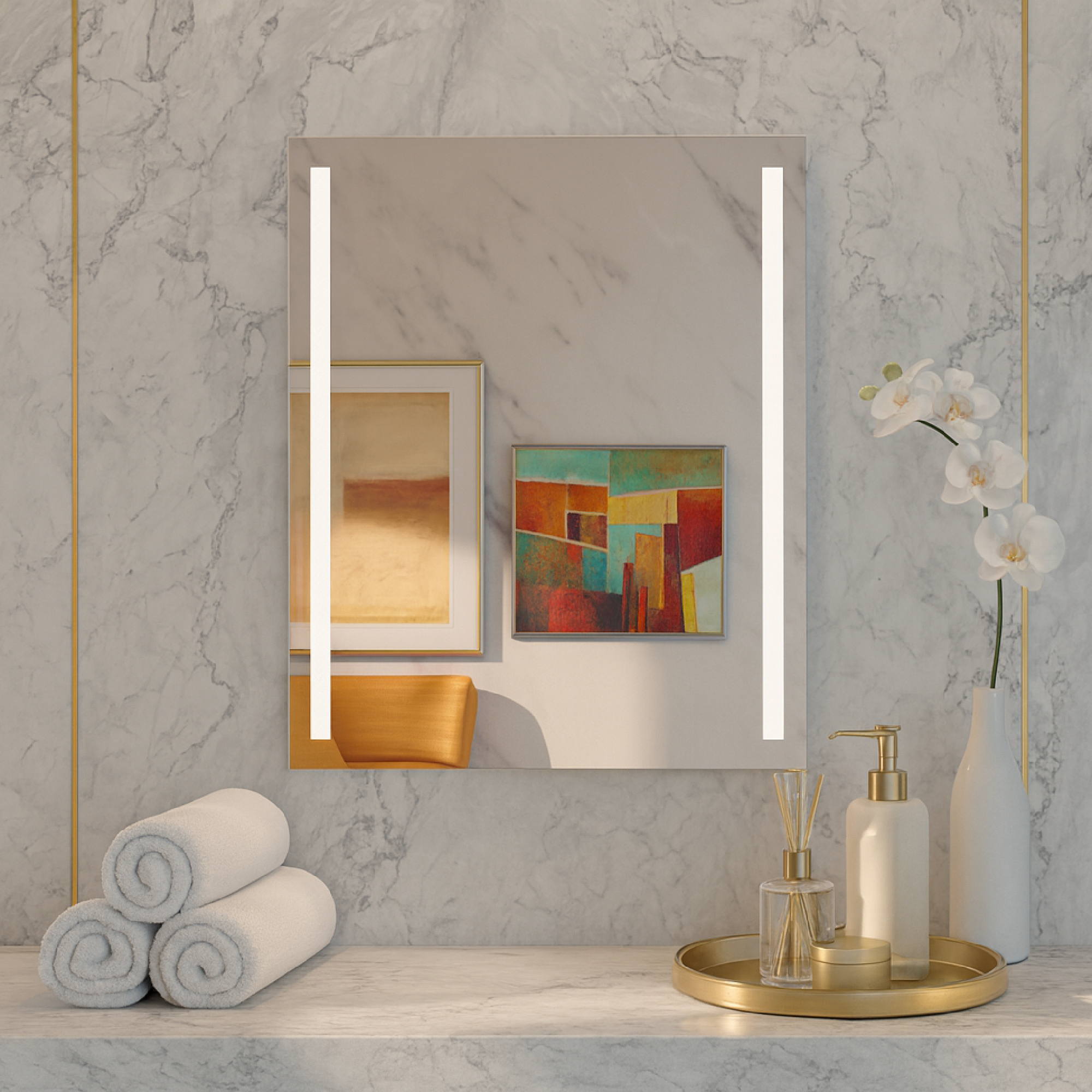 Modern Strip LED Ayna – Dikey Işıklı Minimal Tasarım Duvar Aynası