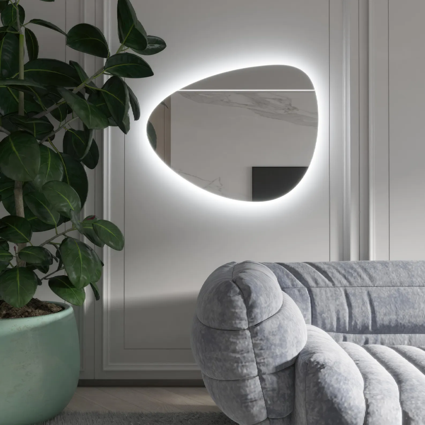 Modern Asimetrik LED Aydınlatmalı Banyo Aynası – Düzensiz Organik Formlu Dekoratif Duvar Aynası