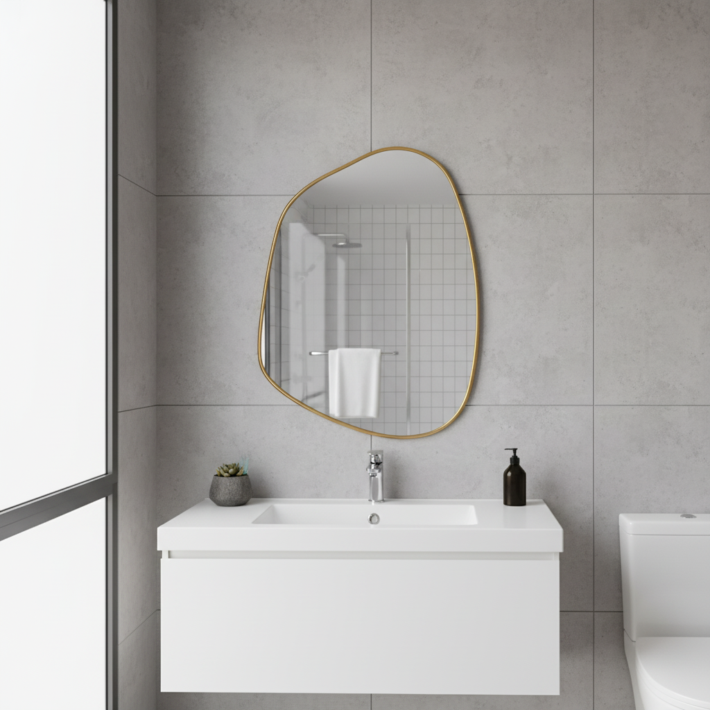 Modern Asimetrik Banyo Aynası – Çerçeveli Organik Şekilli Duvar Aynası