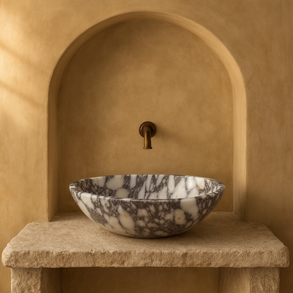 Calacatta Viola Mermer Lavabo – L36 × W46 × H13 cm | El Yapımı Doğal Mermer Banyo Lavabosu