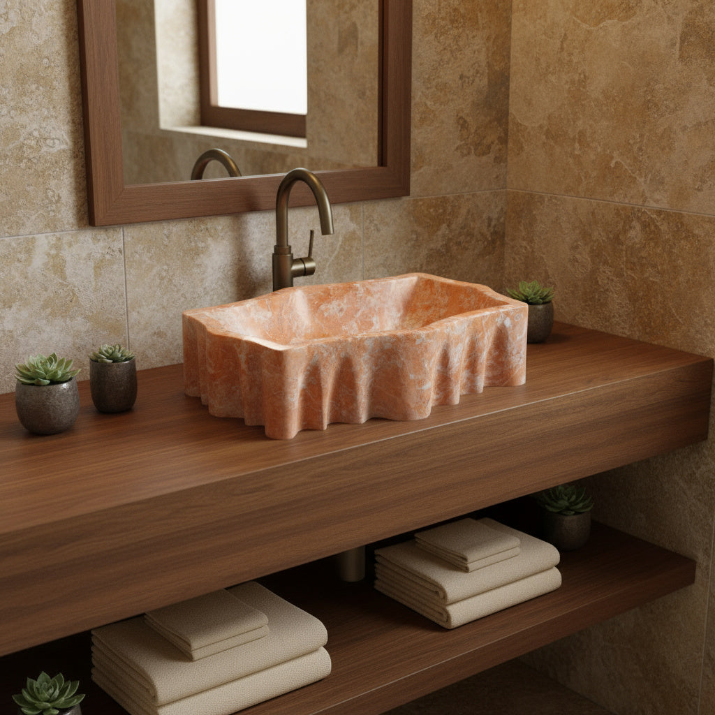 Rosso Verona Turuncu Mermer Lavabo – El Yapımı Doğal Taş Banyo Lavabosu, Lüks Tezgâh Üstü Mermer Lavabo (55×42×14 cm)