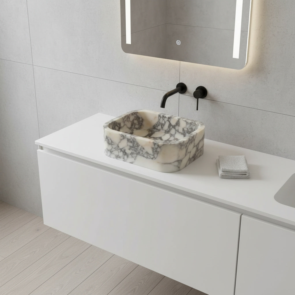 Calacatta Viola Mermer Duvara Monte Dikdörtgen Banyo Lavabosu – 30 × 46 × 15 cm