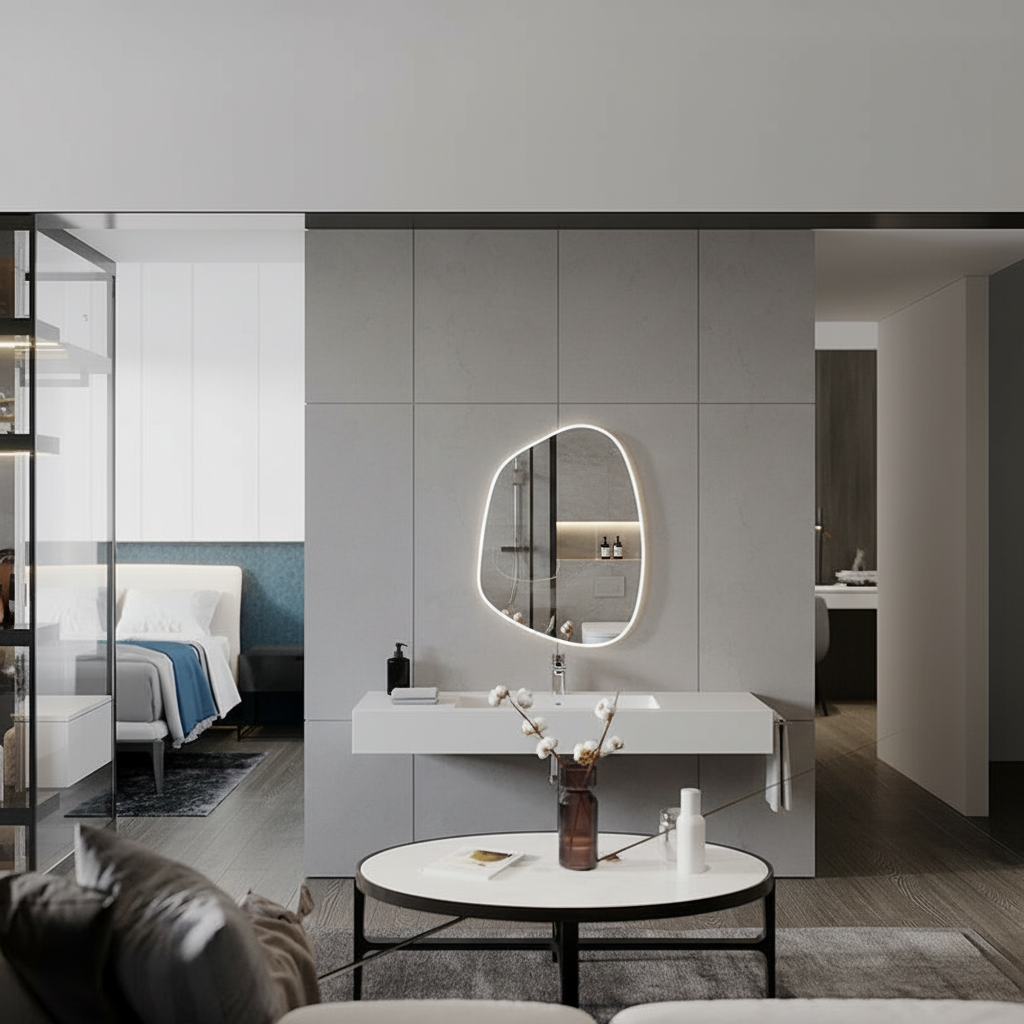 Modern Asimetrik Banyo Aynası – Çerçeveli Organik Şekilli Duvar Aynası