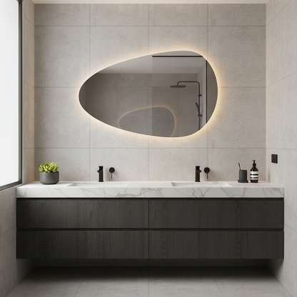 Organik Şekilli LED Banyo Aynası – Modern Arkadan Aydınlatmalı Işıklı Ayna, Minimalist Tasarım