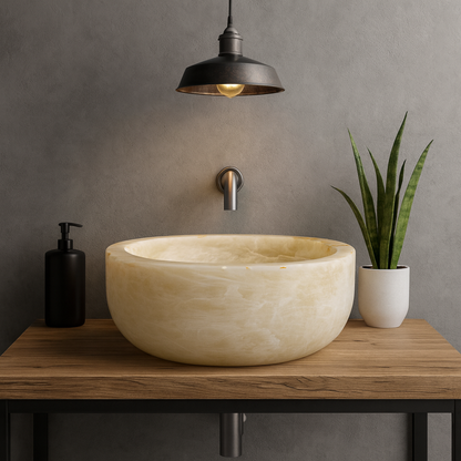 Oniks Mermer Yuvarlak Lavabo – Doğal Taş El Yapımı Oniks Banyo Lavabosu (40×40×15 cm)