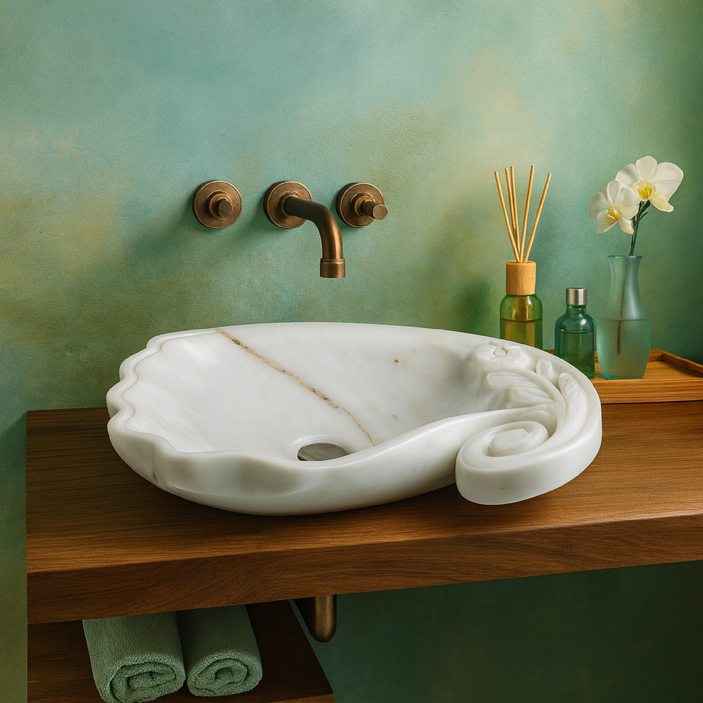 White Marble Lavabo – Doğal Beyaz Mermer Tezgâh Üstü Banyo Lavabosu (L 60 × W 40 × H 15 cm)
