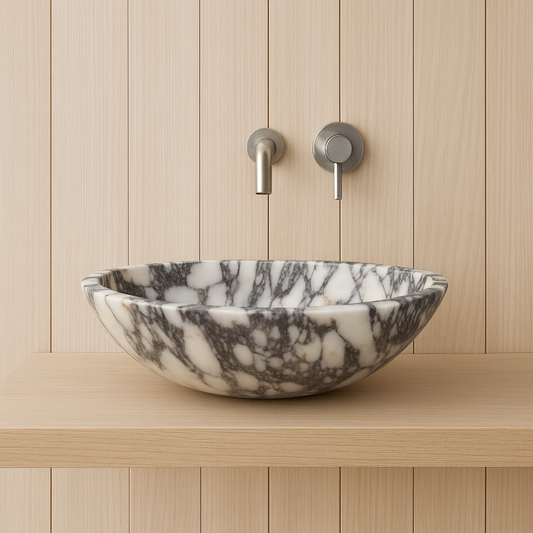 Calacatta Viola Mermer Lavabo – L36 × W46 × H13 cm | El Yapımı Doğal Mermer Banyo Lavabosu