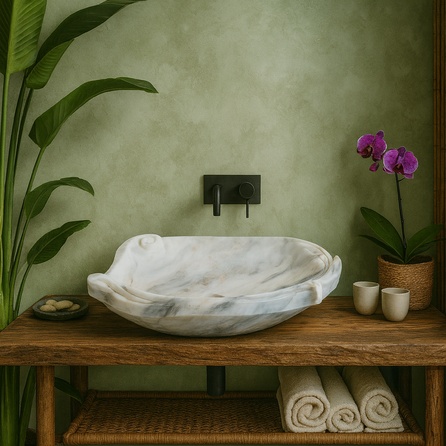 Organik Formlu Mermer Lavabo – Modern Doğal Taş Tezgâh Üstü Banyo Lavabosu (L 60 × W 45 × H 15 cm)