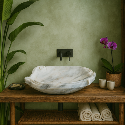 Organik Formlu Mermer Lavabo – Modern Doğal Taş Tezgâh Üstü Banyo Lavabosu (L 60 × W 45 × H 15 cm)