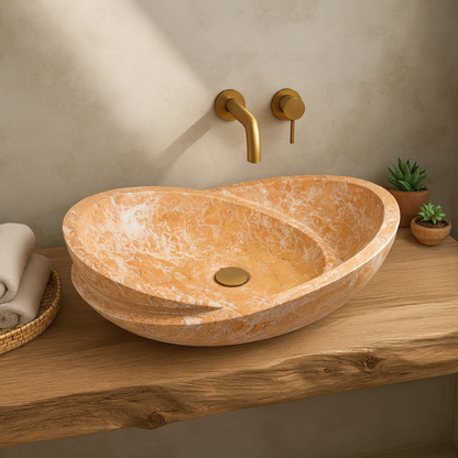 Rosso Verona Turuncu Mermer Lavabo – El Yapımı Doğal Taş Tezgâh Üstü Lavabo, Oval Lüks Mermer Banyo Lavabosu (40×55×14 cm)