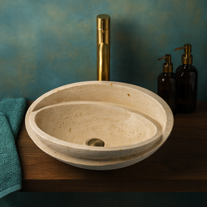 Beige Travertine Marble Lavabo – Doğal Bej Traverten Mermer Tezgâh Üstü Banyo Lavabosu (L 40 × W 40 × H 14 cm)