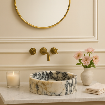 Calacatta Viola Mermer Lavabo – El İşçiliği Yuvarlak Banyo Lavabosu | 40,5×40,5×14 cm