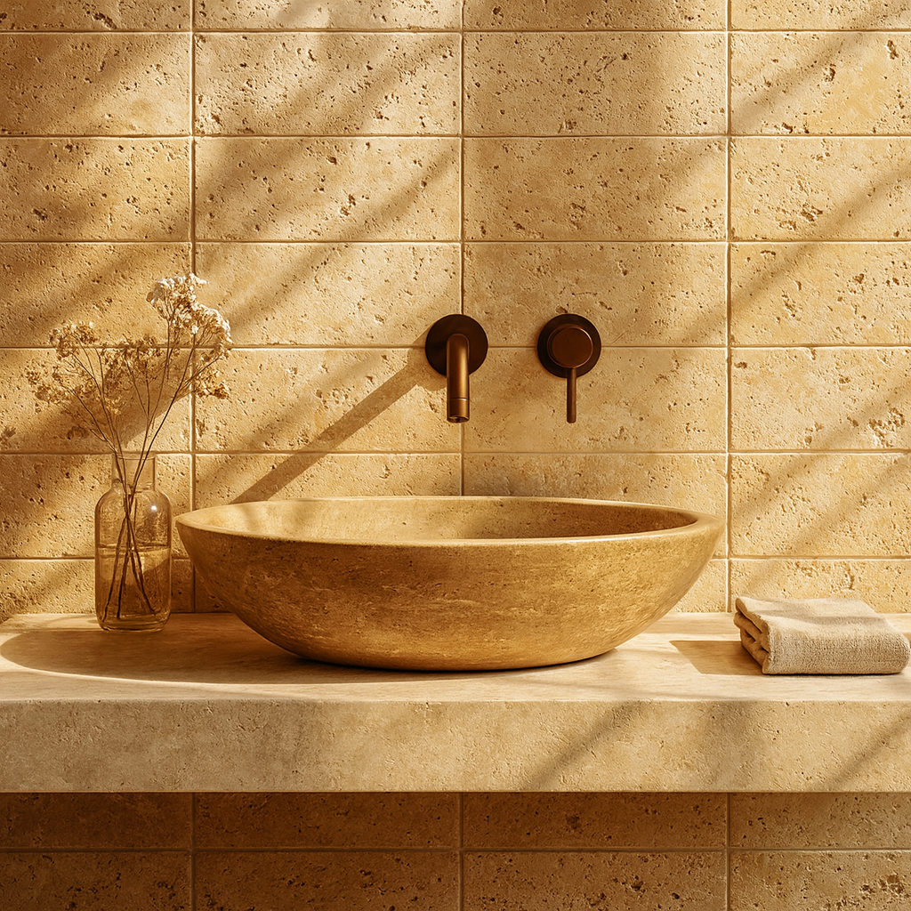 Mocha Traverten Mermer Oval Lavabo – Doğal Taş Banyo Lavabosu (37×50×14 cm)