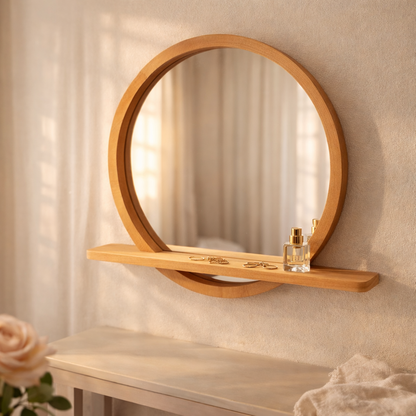 Raflı Masif Kayın Ağacı Yuvarlak Ayna – İskandinav Tarzı Antre ve Banyo Aynası