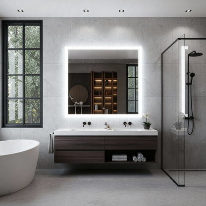 Modern Kare LED Aydınlatmalı Banyo Aynası – Sıcak Işıklı Arka Aydınlatmalı Tasarım
